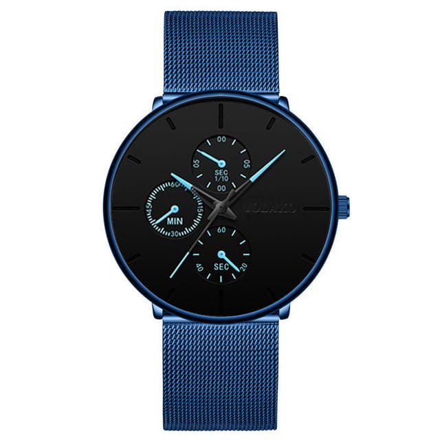 Montre à quartz à maille noire ultrafine pour hommes, avec un bracelet en maille bleu, un cadran noir, des aiguilles et des index bleu clair, avec trois sous-cadrans.