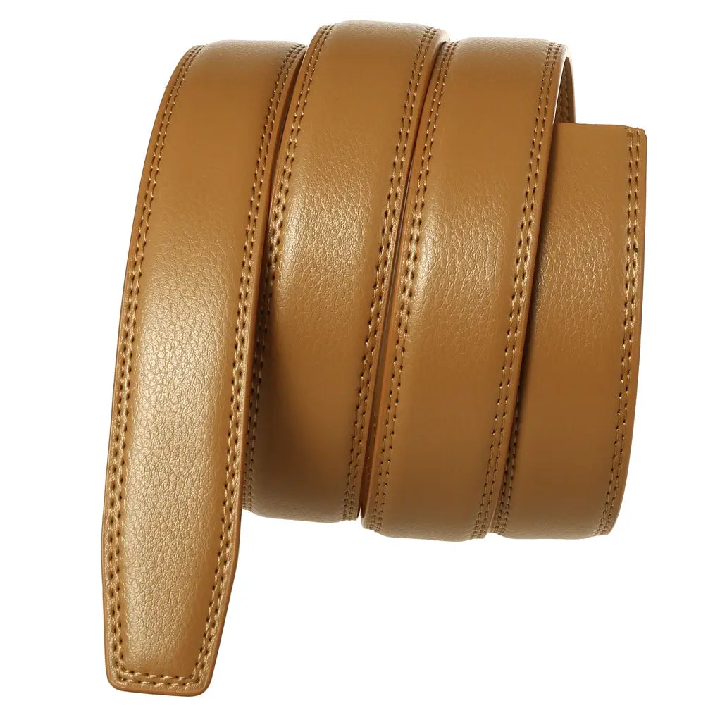 Sangle de ceinture en cuir véritable pour homme de 3,1 cm en couleur beige (tan), avec une couture précise le long des bords.