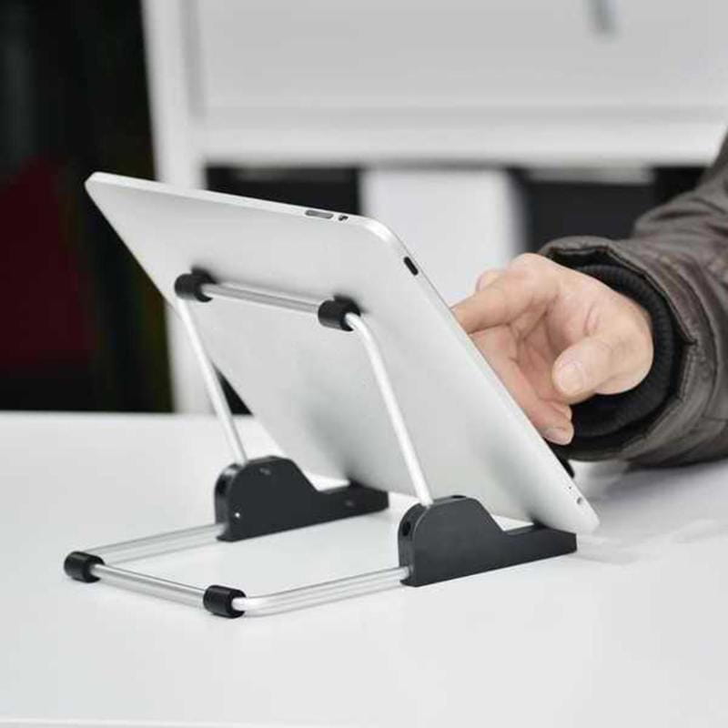 Silver and black adjustable aluminum tablet holder stand with a sleek minimalist design universal stand for various tablet sizes