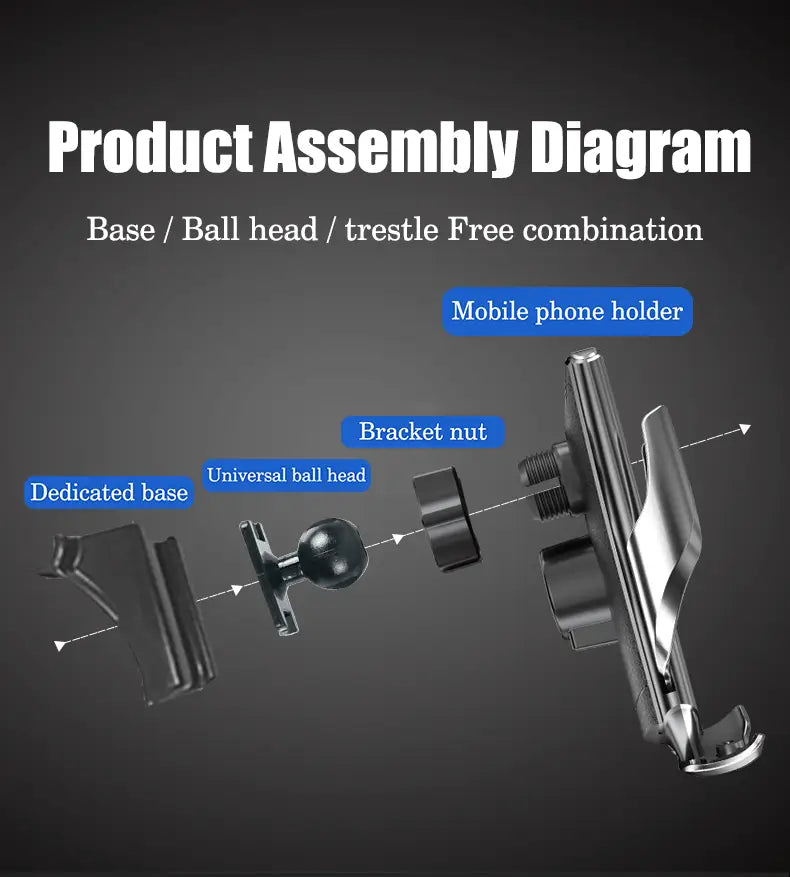 Support de téléphone de voiture sans fil Mg Rx5 en argent métallisé, avec tête à boule réglable et conception de pince universelle pour une utilisation sûre dans le véhicule