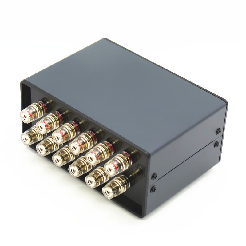 black rectangular hifi audio switcher 2 way speaker selector box with ten gold-plated binding posts shown from the back side
