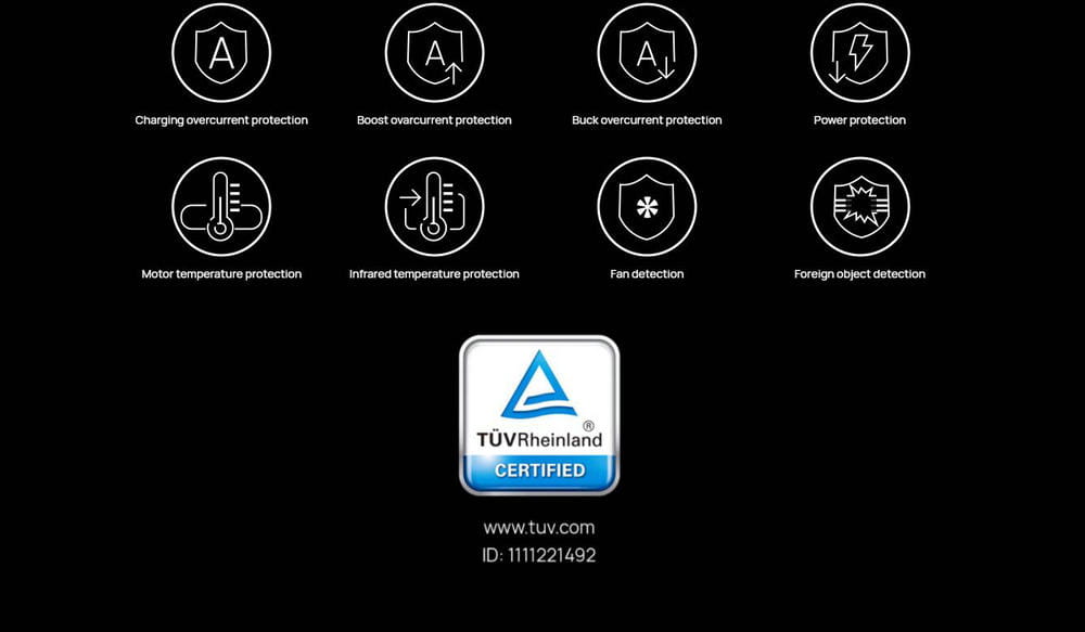 Image of the back side of a Huawei 50w wireless car charger showing a Tuv Rheinland certified power supply with multiple protection features including charging boost buck overcurrent motor temperature infrared temperature fan detection and foreign object detection.