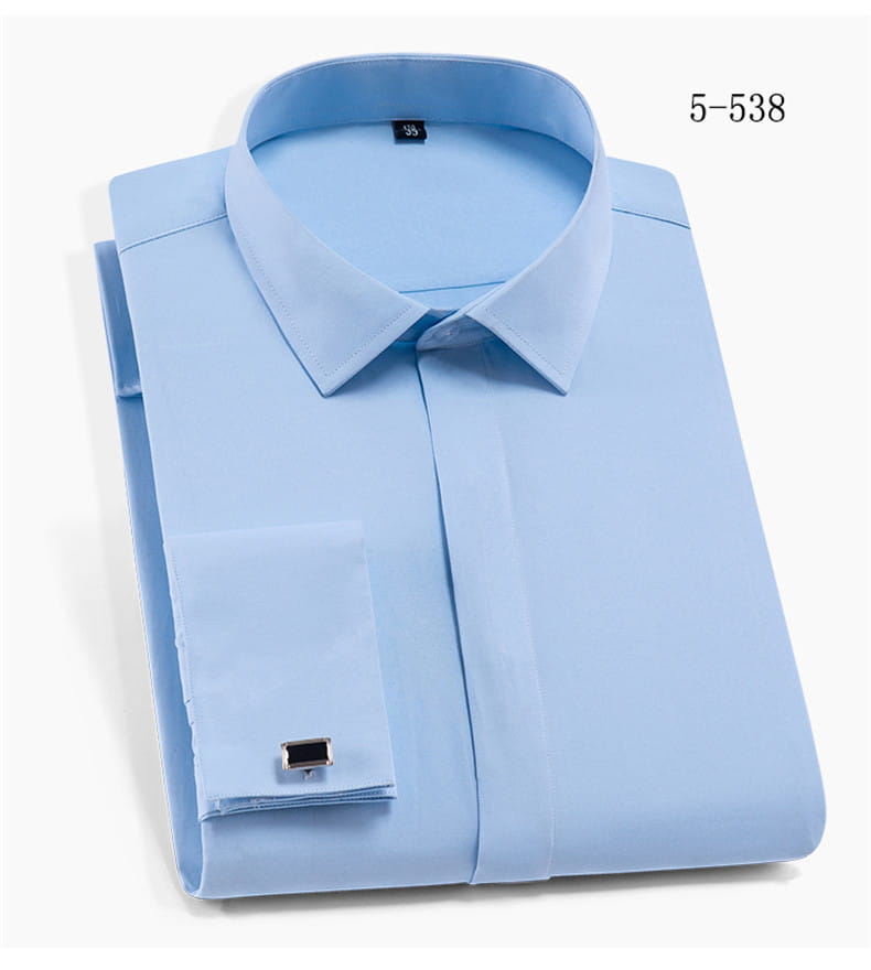 Chemise habillée pour homme à bouton recouvert, bleu clair, col classique net, boutons de manche à poignets français, en taille asiatique.