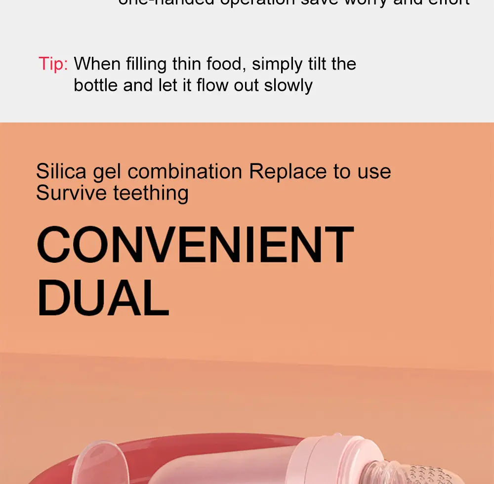 Rosa Silikon-Babysqueeze-Feedingflasche mit weißem Schraubverschluss und strukturiertem Griffbereich, ausgelegt für einfaches Füttern.