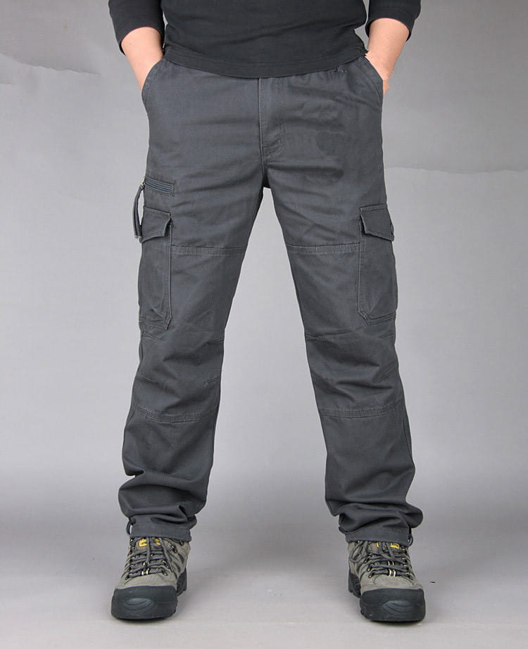 Men tactical cargo pants cotton work trousers in dark gray featuring multiple pockets and a relaxed fit.