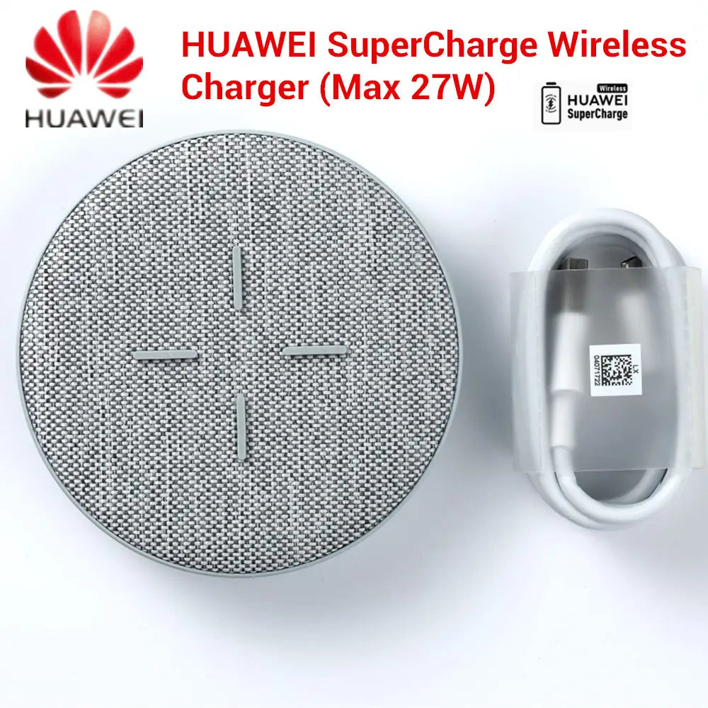 白い充電ケーブル付き、グレーのテクスチャ仕上げの円形 Huawei ワイヤレス充電器（最大27W）高速ワイヤレス充電対応