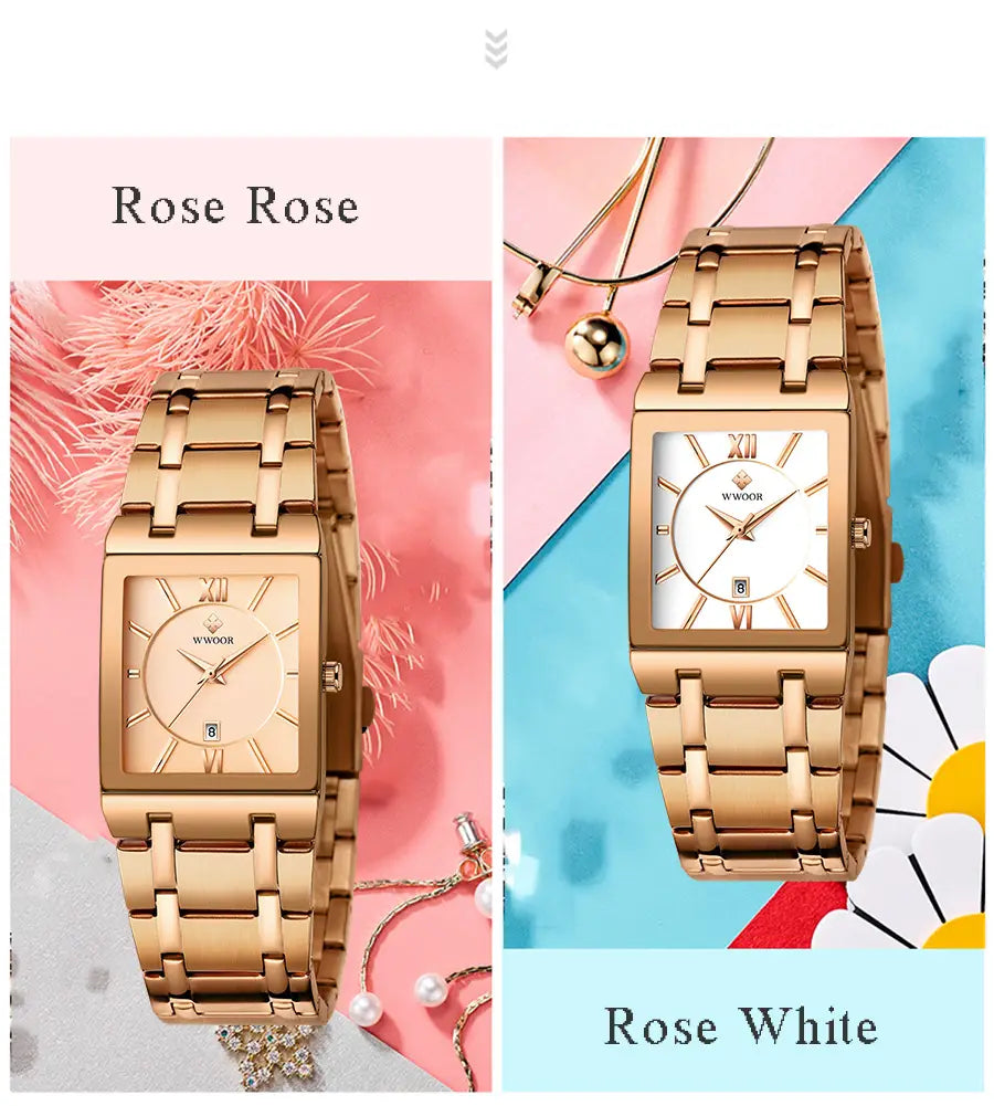 Wwoor blue square women watch featuring a rose gold square metal bracelet, white dial with roman numeral markers, and date display in luxury stainless steel.