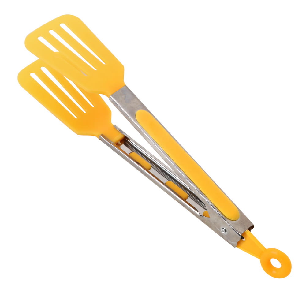 Yellow silicone-coated stainless steel kitchen tongs with a non stick spatula design and a looped handle for cooking use.
