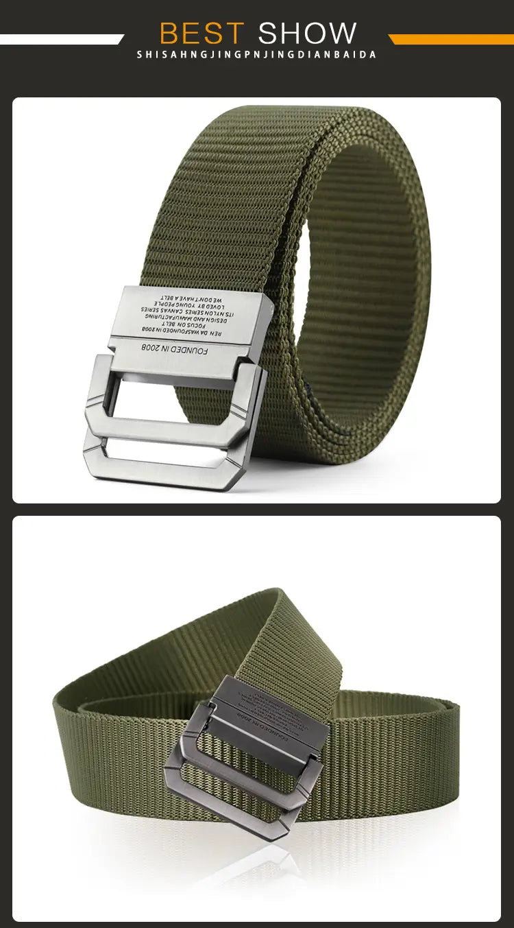 olive green tactical canvas webbing belt with a silver-toned automatic metal buckle designed for secure and adjustable wear