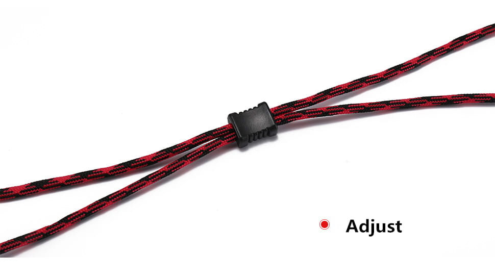 Red and black braided non-slip sports eyewear strap with a black plastic adjuster included in a 10 pack.