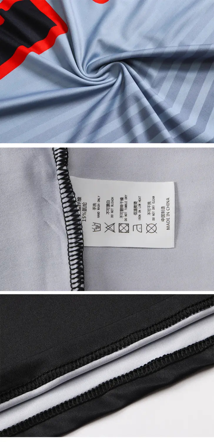 Light blue compression basketball long sleeve shirt with black and red striped accents and a tag indicating it is made in China.
