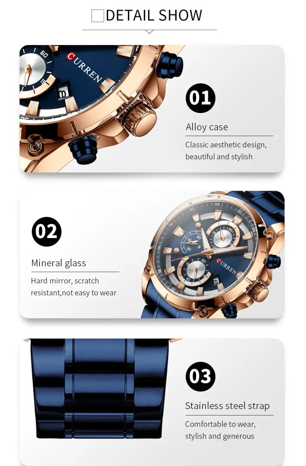 Chronographenuhr von Curren mit goldfarbenem Legierungsgehäuse, dunkelblauem Zifferblatt und passendem Edelstahlarmband.