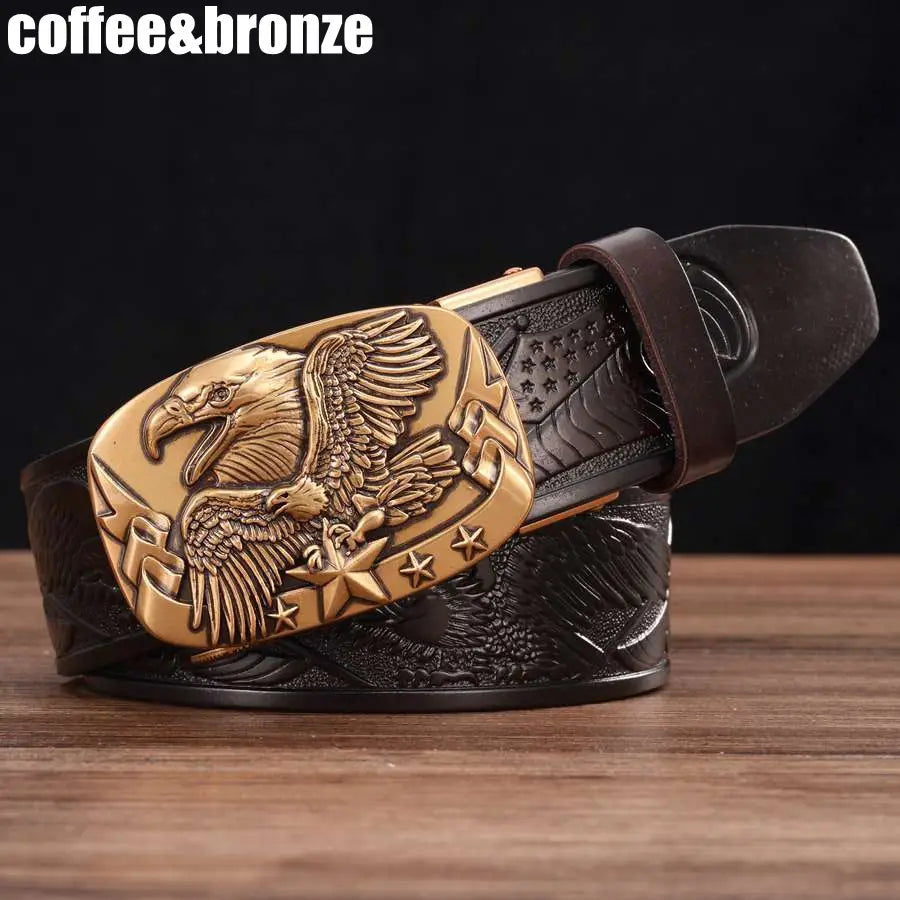 Men’s leather ratchet belt featuring a bronze eagle buckle with detailed wings and stars on a dark brown leather strap.