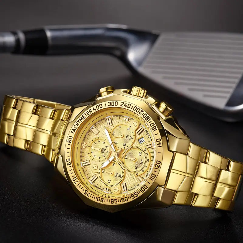 Gold-tone stainless steel chronograph watch for men with a textured dial and multiple subdials luxury timepiece.