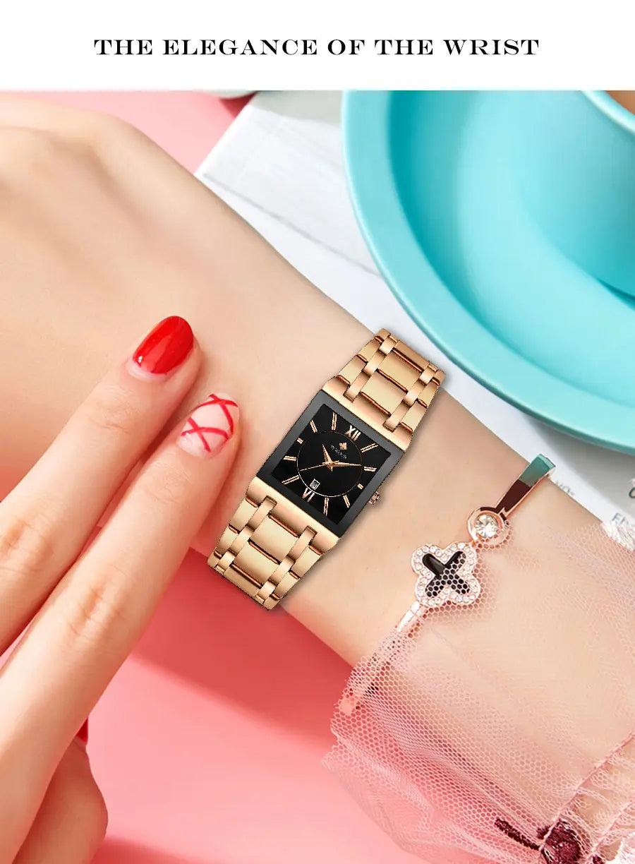 Wwoor Blue Square women watch luxury stainless steel with gold-toned rectangular case, black dial, roman numeral hour markers, and sleek metal bracelet.