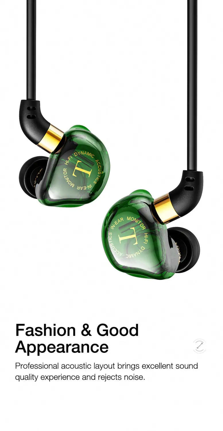 Casque d’écoute filaire vert émeraude à micro stéréo intra-auriculaire, avec écouteurs translucides verts, accents dorés et câbles noirs.