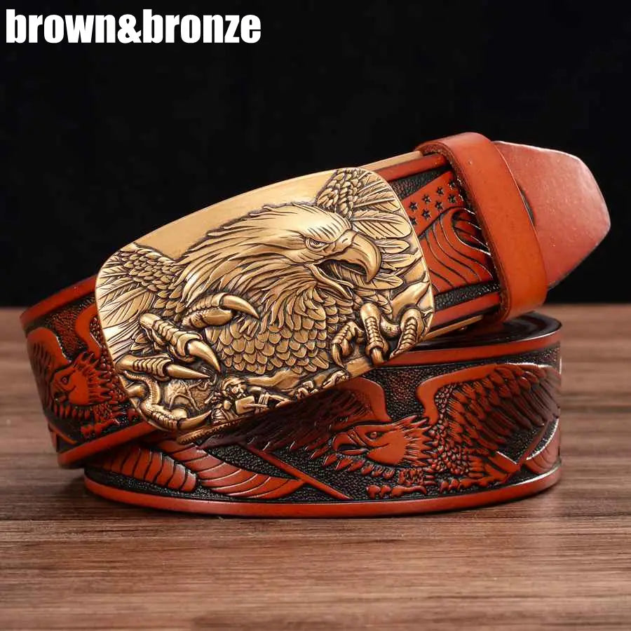 Men’s leather ratchet belt features a detailed bronze eagle buckle and a rich brown leather strap with intricate embossed eagle designs.
