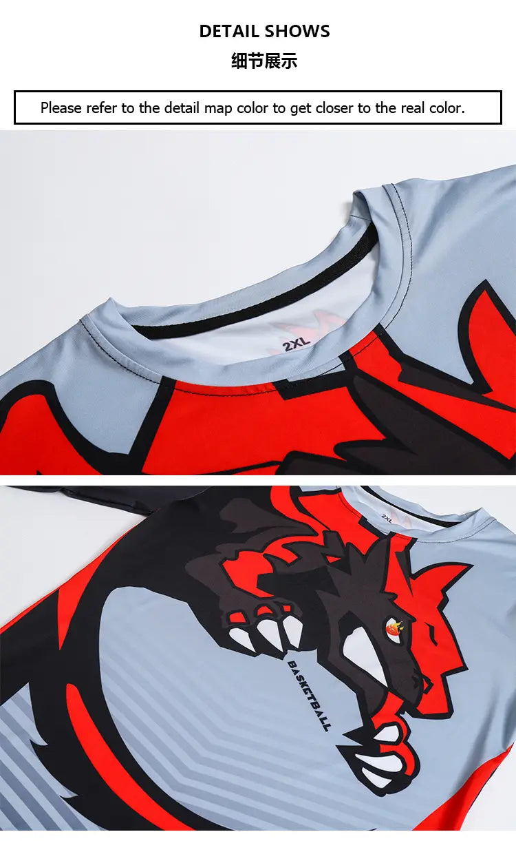 Light blue compression basketball shirt long sleeve featuring a bold red and black dragon print and basketball text along the side.