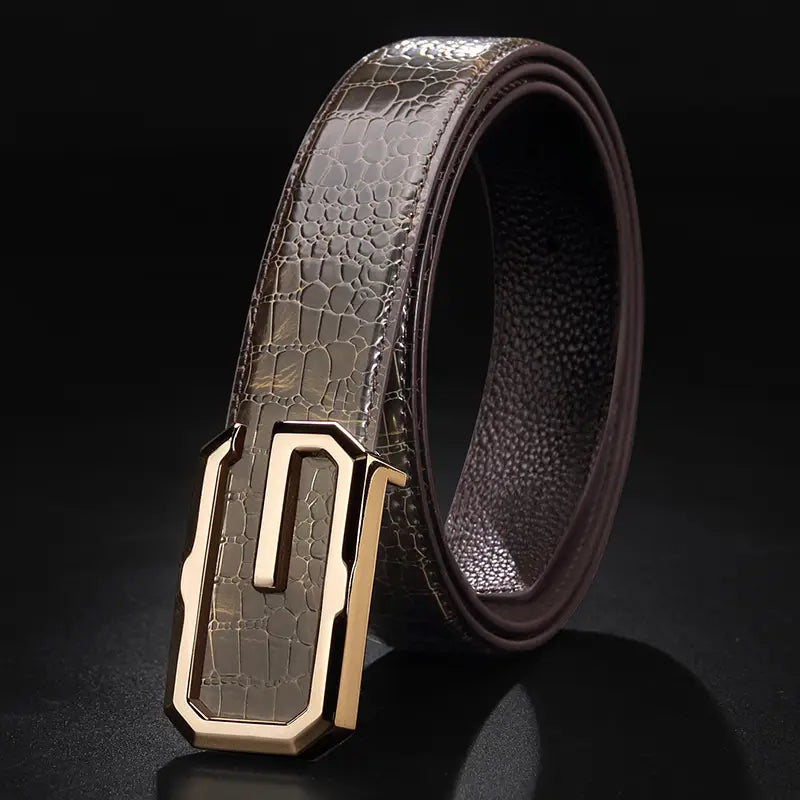 Ein Herren-Krokodilledergürtel mit einem eleganten metallisch braunen Krokodilmuster und einer modernen Schnalle in Goldton.