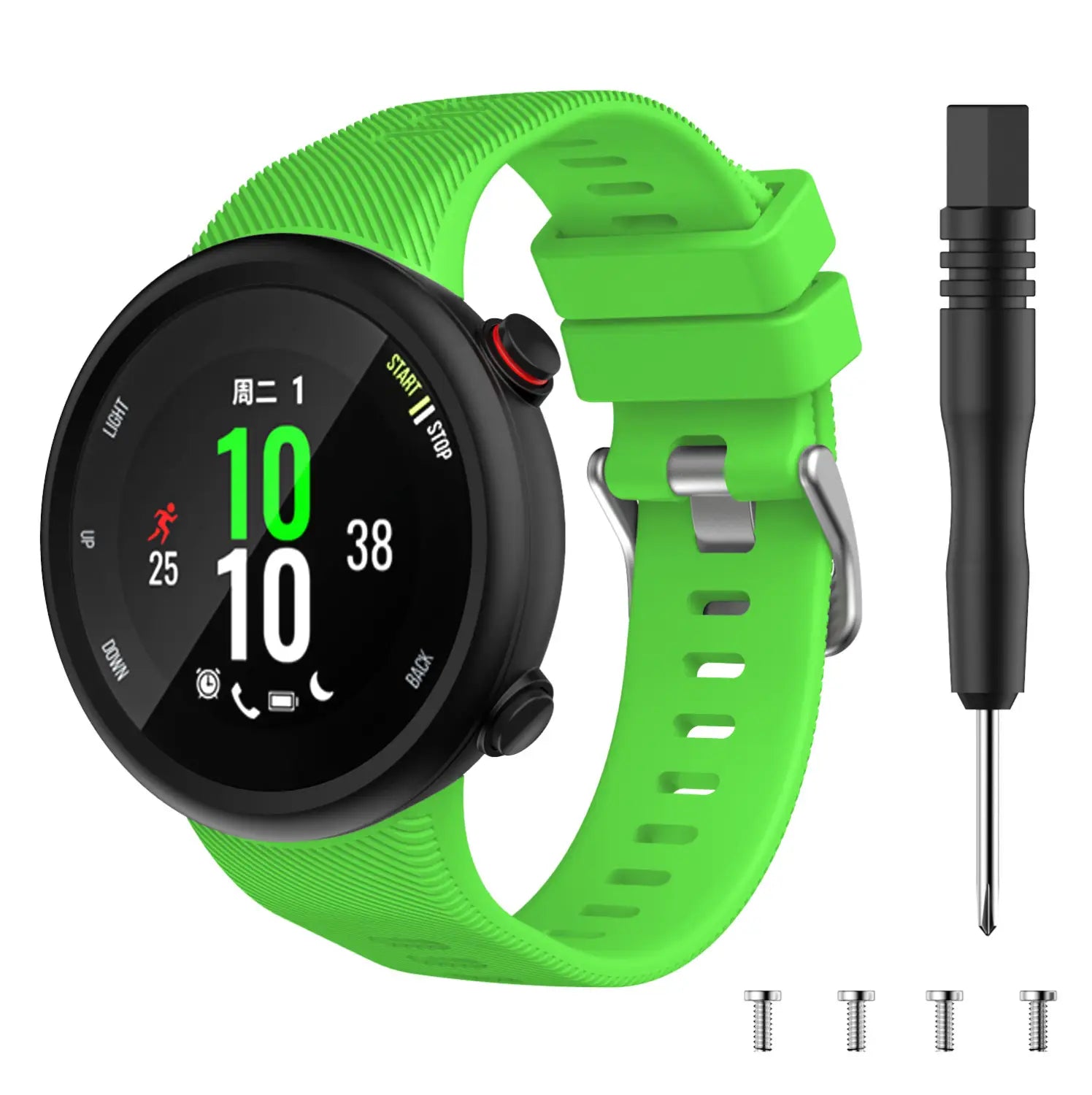 Correa de silicona verde brillante de alta calidad para Garmin Forerunner y Garmin Swim, con bisel negro y hebilla plateada.