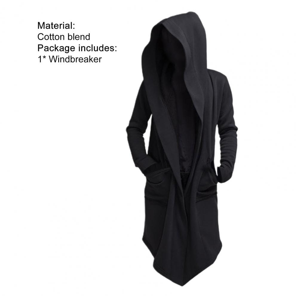 Capa larga gótica con capucha para hombre en una mezcla de algodón negro, con diseño fluido y capucha vista desde la parte posterior.