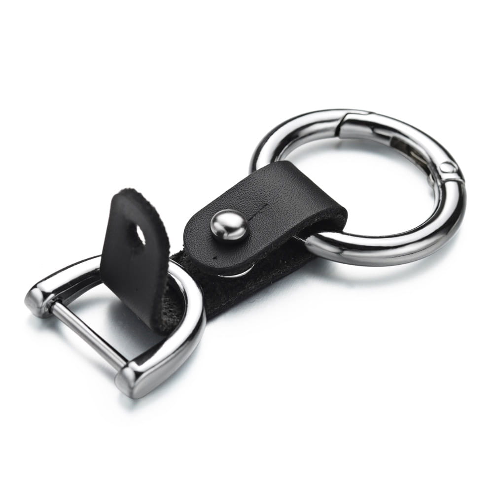 Black leather car keychain with silver-toned metal d-ring and carabiner clip for secure key attachment.