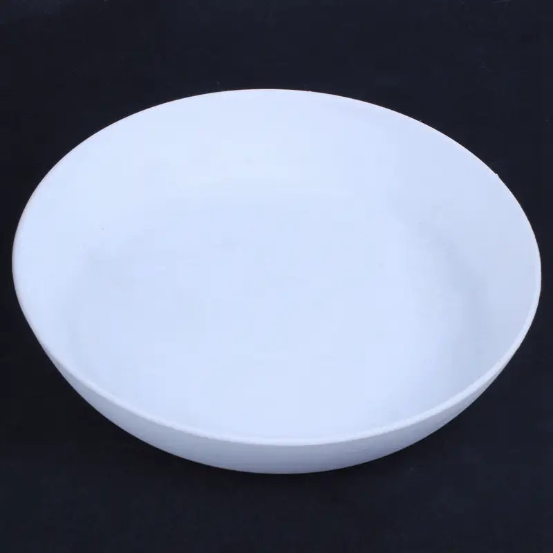 white plastic plant pot with saucer 17cm featuring a white ceramic plate with a smooth rounded rim and shallow depth ideal for wholesale drop shipping and drop shipping orders.
