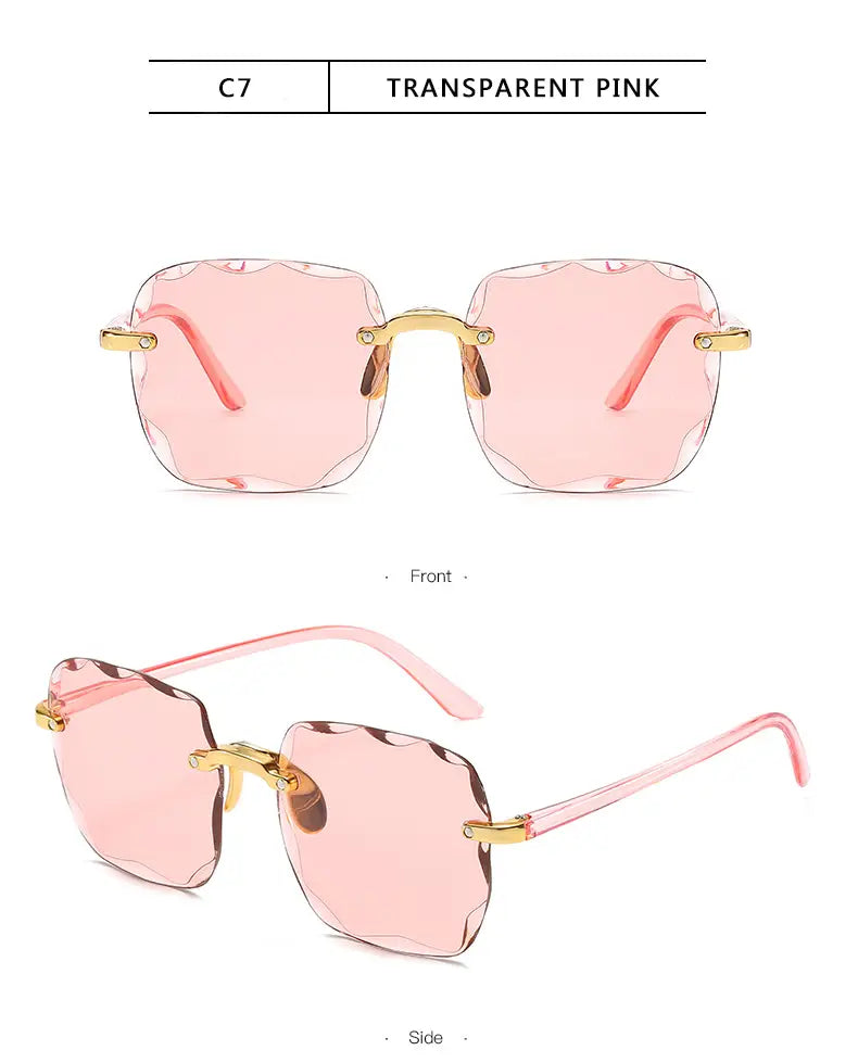 Square gradient sunglasses for women featuring transparent pink lenses with gold-tone metal frames and matching temple arms.