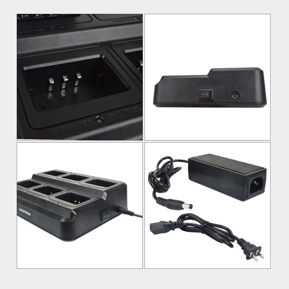 black plastic bl-5x6 six way rapid walkie talkie charger for uv-5r with power adapter and included cables designed for efficient multi-slot charging.