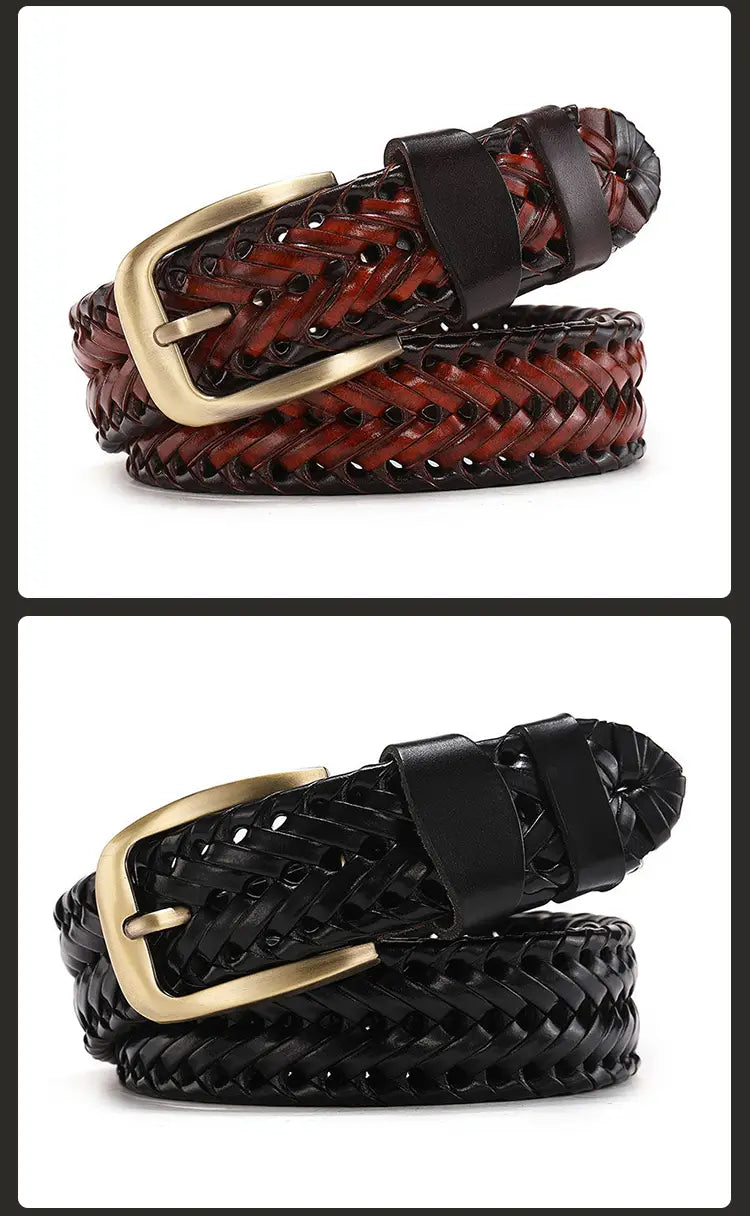 Cinturón trenzado para hombre de cuero genuino con hebilla de tono dorado, disponible en colores burdeos intenso y negro sólido.