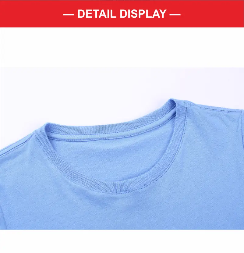 Light blue cotton t shirt men customized with a ribbed crew neck shown with a size chart for personalized design.