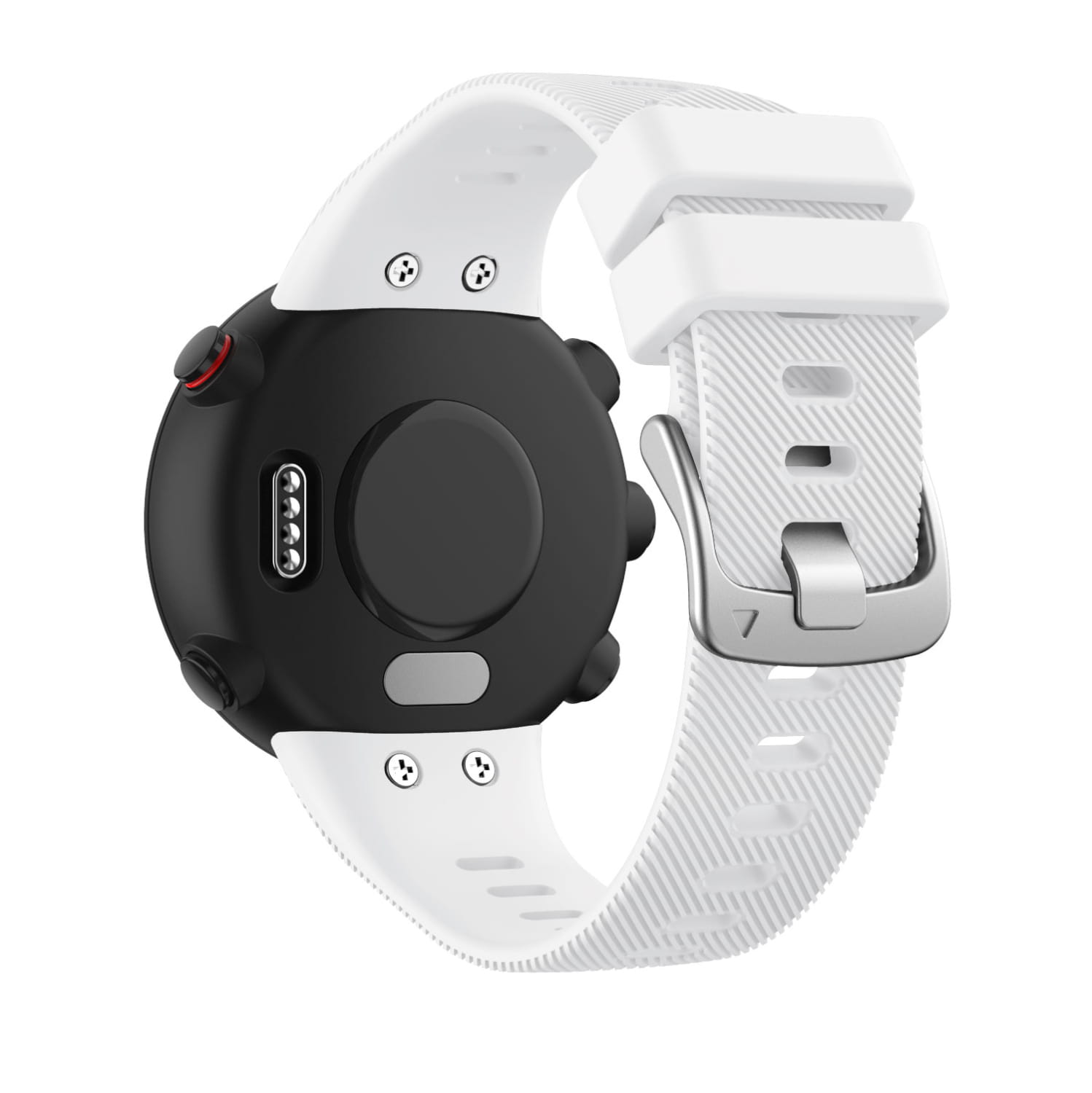 Banda Garmin Forerunner de silicona blanca y banda Garmin Swim con hebilla plateada, diseñada para ofrecer comodidad y durabilidad de alta calidad.