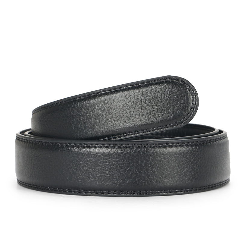 Ceinture en cuir pour homme avec boucle automatique en cuir noir, surface texturée lisse et coutures précises le long des bords.