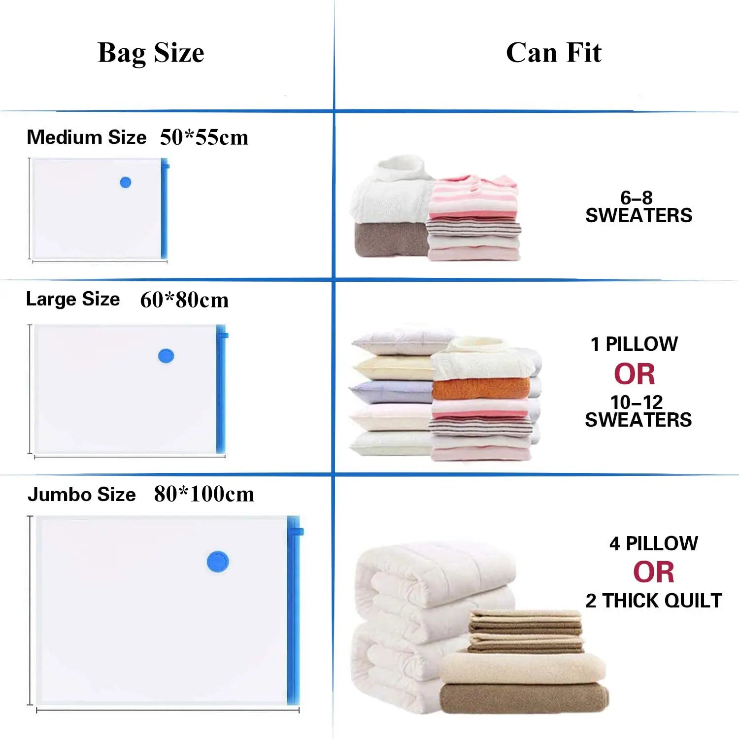 Sacs de compression sous vide blancs avec poignées de zip bleues, disponibles en tailles moyenne, grande et jumbo, comprennent une pompe manuelle pour le stockage de la literie et des vêtements