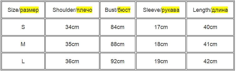 Size chart for women solid short sleeve crop top casual t-shirt showing garment measurements in centimeters across sizes small medium and large.
