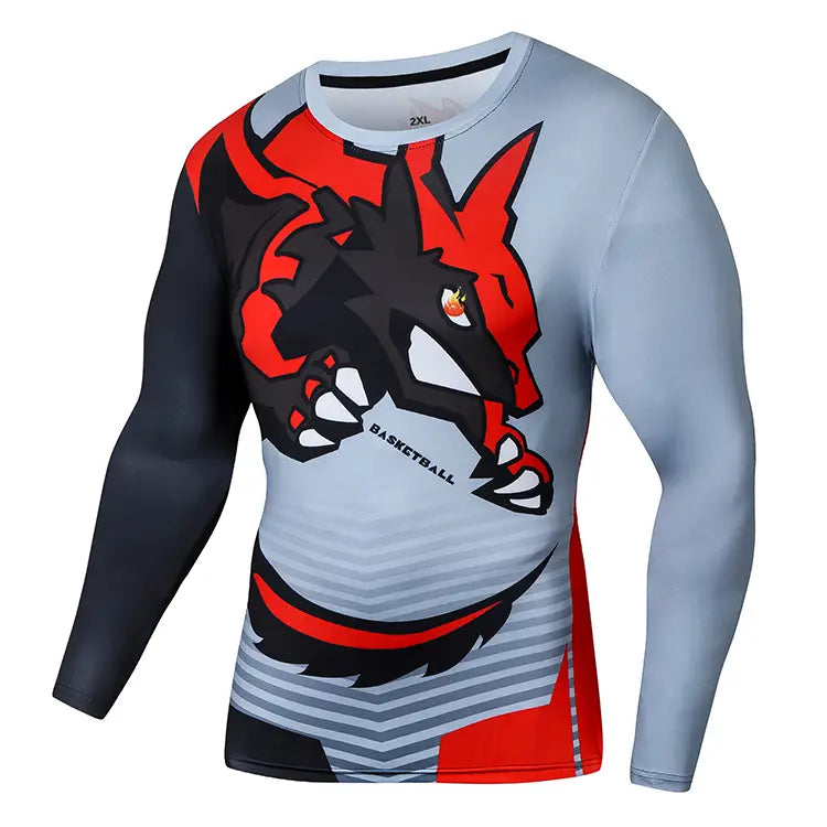 Gray and red long-sleeved compression basketball shirt featuring a bold black and red dragon graphic with basketball text across the chest.