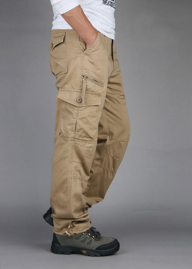 Men tactical cargo pants cotton work trousers in khaki featuring multiple pockets and a buttoned flap on the thigh pocket.