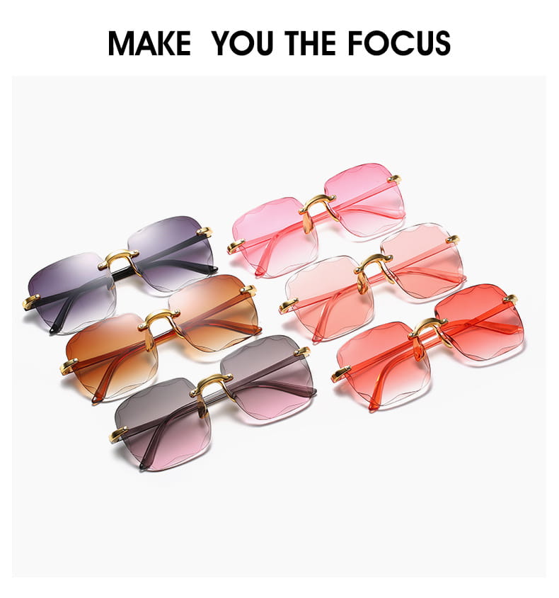 Square gradient sunglasses for women featuring rimless gold-tone metal frames and gradient-tinted lenses in shades of pink orange purple and red.