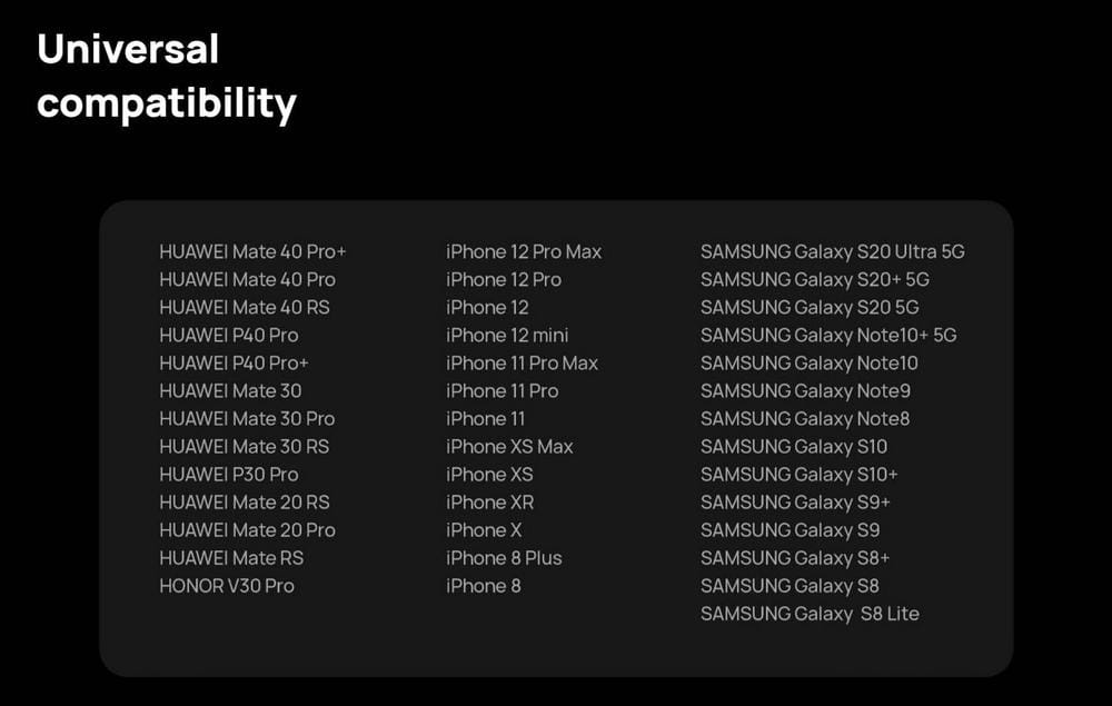 The image shows a list of compatible smartphone models from Huawei, iPhone, and Samsung for the Huawei 50w wireless car charger.
