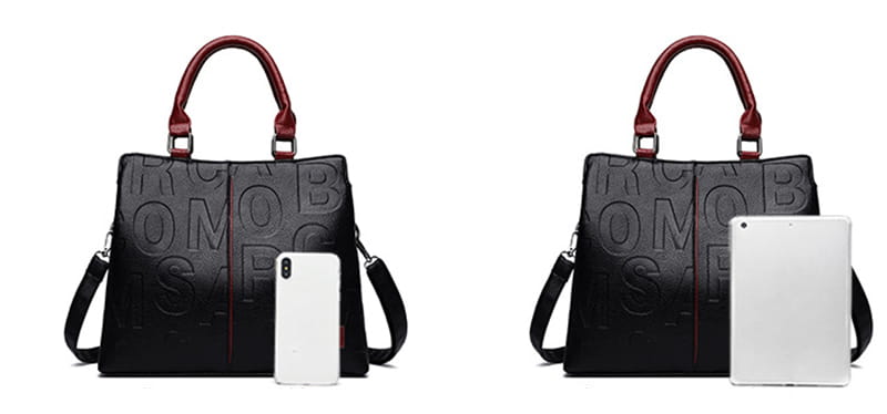 Black crossbody handbag style1 style2 made of black pu leather with embossed lettering and contrasting red handles in satchel design.