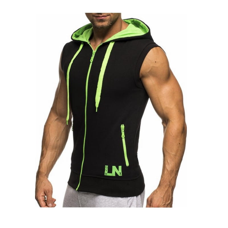 Men sleeveless zip hoodie gym tank top activewear in black with neon green zipper drawstrings and interior lining.