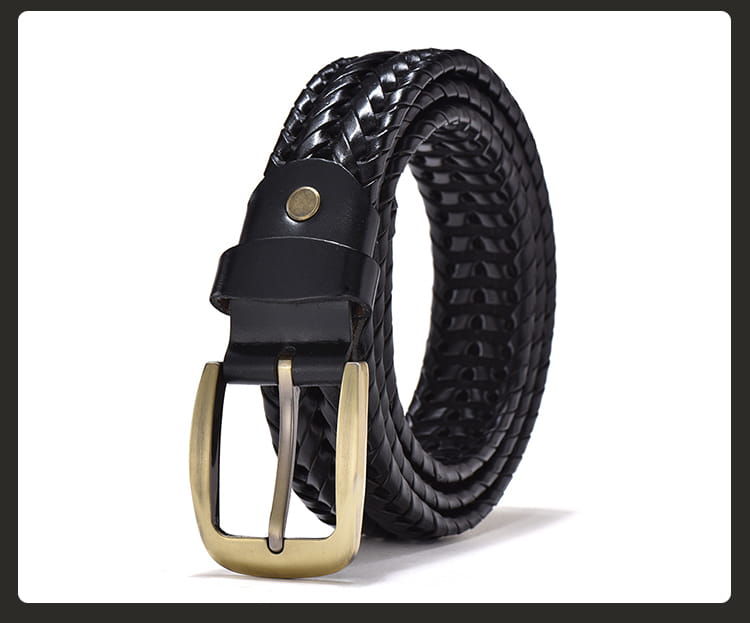 Cinturón trenzado de cuero negro con hebilla de tono dorado, del conjunto de hebillas doradas para cinturones trenzados de cuero genuino para hombre.