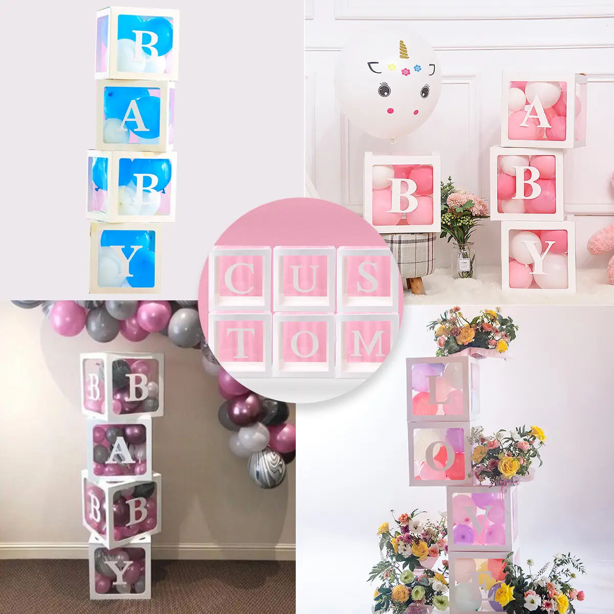 Bloques de letras de plástico transparente con letras personalizables e interiores rellenos de globos de colores en combinaciones de colores azul y rosa para un juego de caja con globos transparente para baby shower.