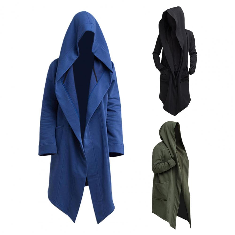 Capa larga gótica con capucha para hombre en azul, con diseño de trench con capucha, silueta larga y fluida y bolsillos delanteros