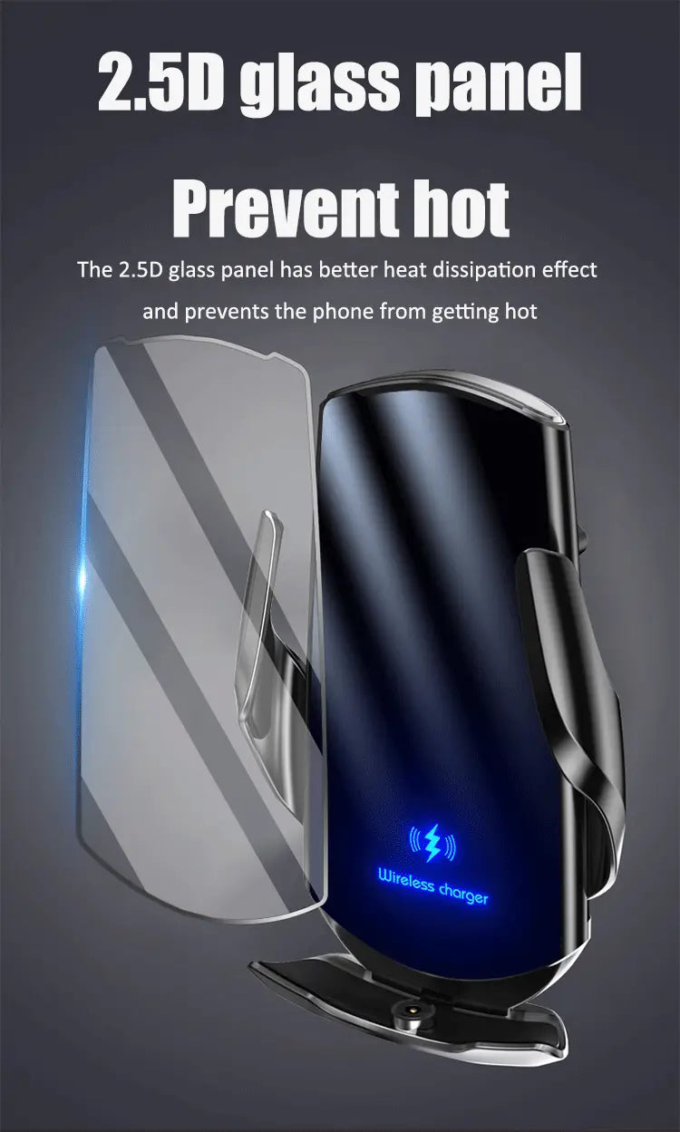 Support de téléphone de voiture sans fil Mg Rx5 noir, avec panneau en verre 2,5D élégant, conçu pour dissiper la chaleur et assurer une installation sécurisée.