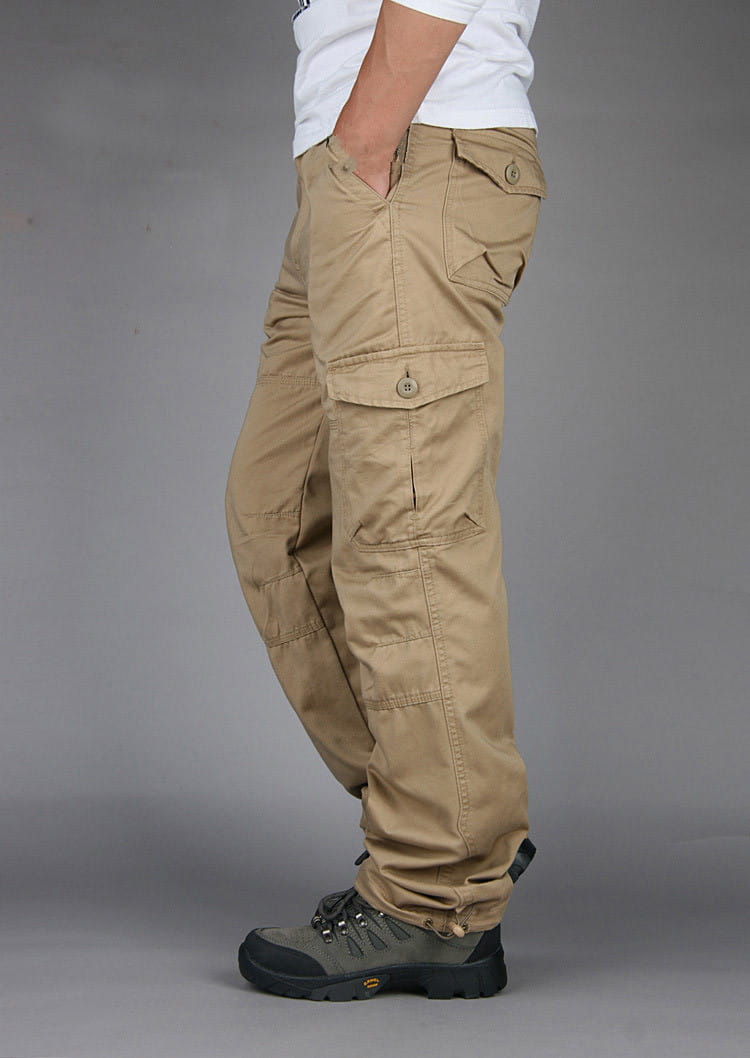 Men tactical cargo pants cotton work trousers in khaki featuring multiple pockets and button closures.