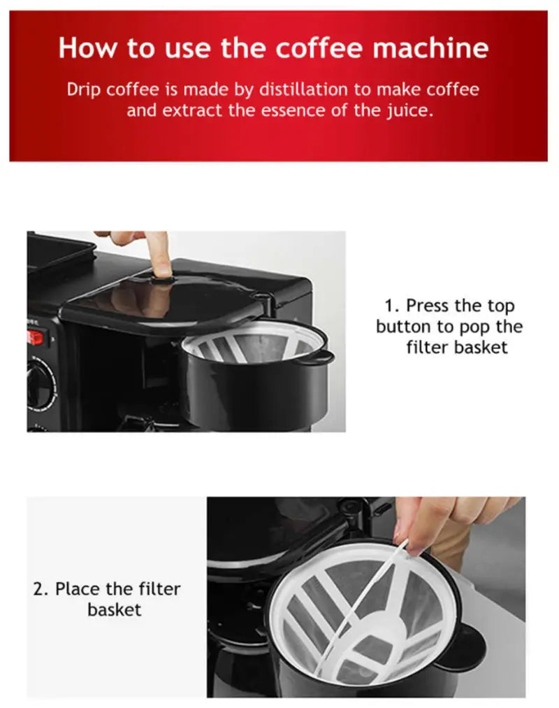 black drip coffee machine with removable filter basket and white mesh insert in a 3 in 1 breakfast station coffee maker and toaster oven