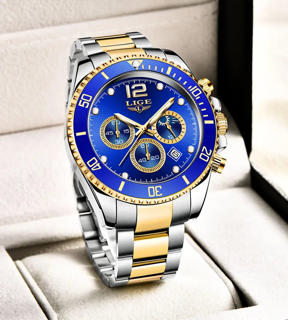 Montre chronographe bicolore Lige or et argent avec un cadran bleu vibrant et trois sous-compteurs pour une mesure du temps précise.