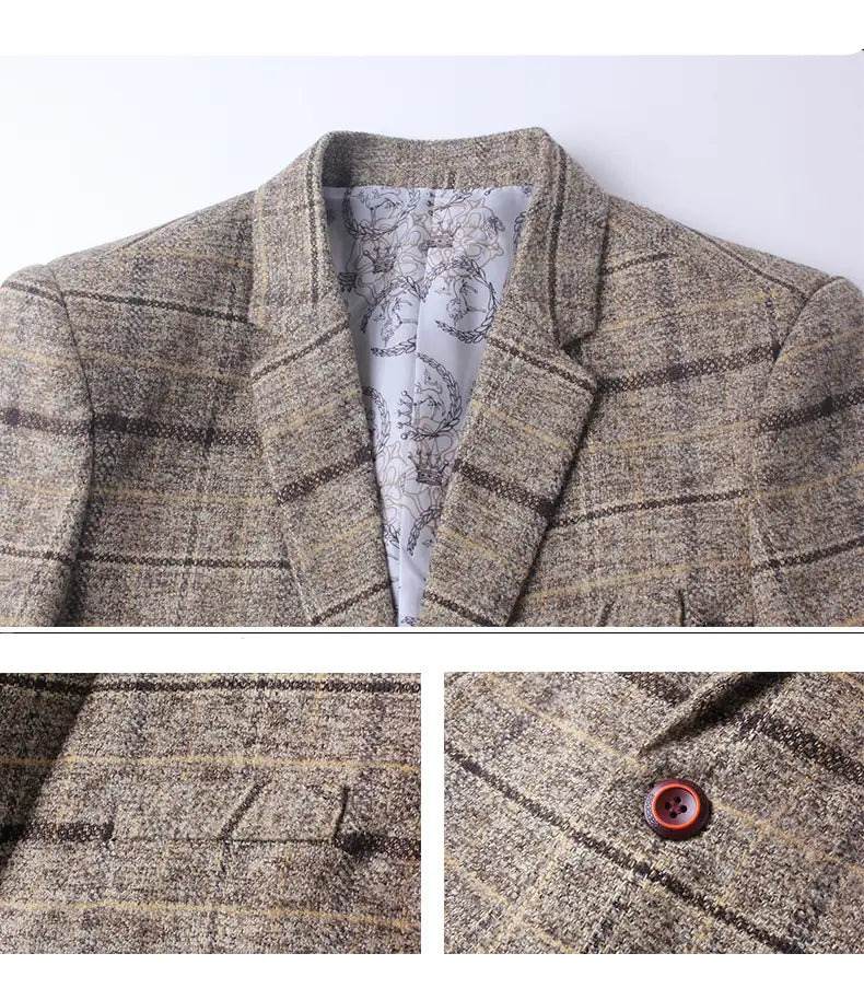 Veste de blazer en tweed pour homme, coupe slim, avec un motif écossais beige et marron, dotée de boutons rouges pour une tenue professionnelle.