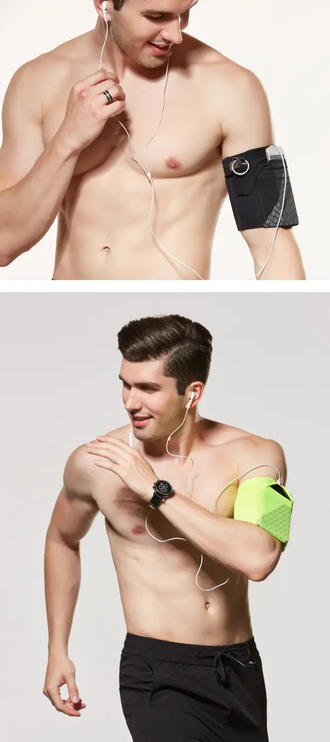 Running armband for 6.5 inch phones in black and neon green with elasticated cuffs designed to secure earphones or small devices during athletic activities.